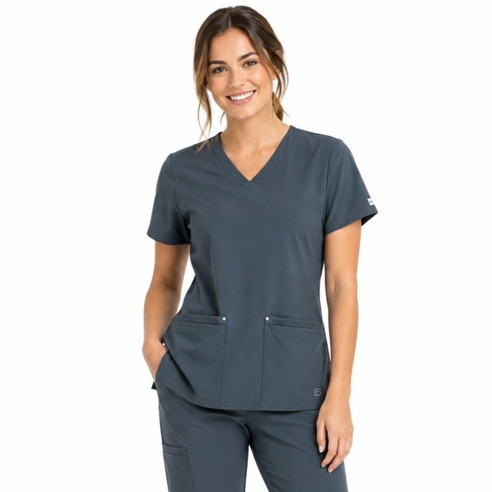 Easy Stretch Scrub Top Womens XS‎ Pewter Grey V-Neck Short Sleeve